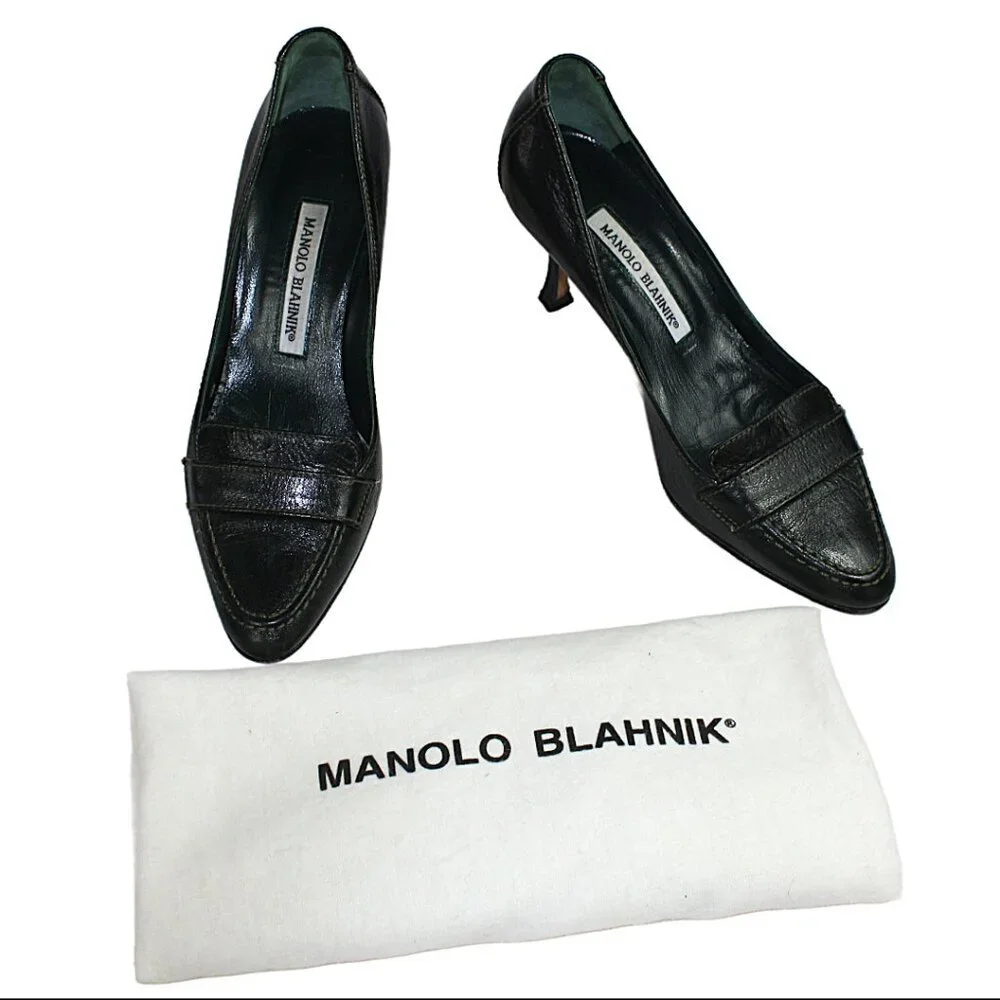 Manolo Blahnik Black Leather Preppy Loafer Pumps, Size 36.5 (US 6.5)